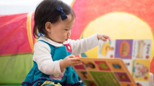 toddler looking at a book